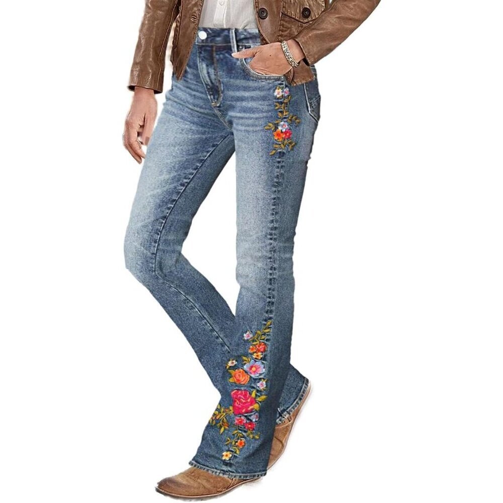 Women's Floral Embroidery High Stretch Bootcut Jeans With Pockets Casual